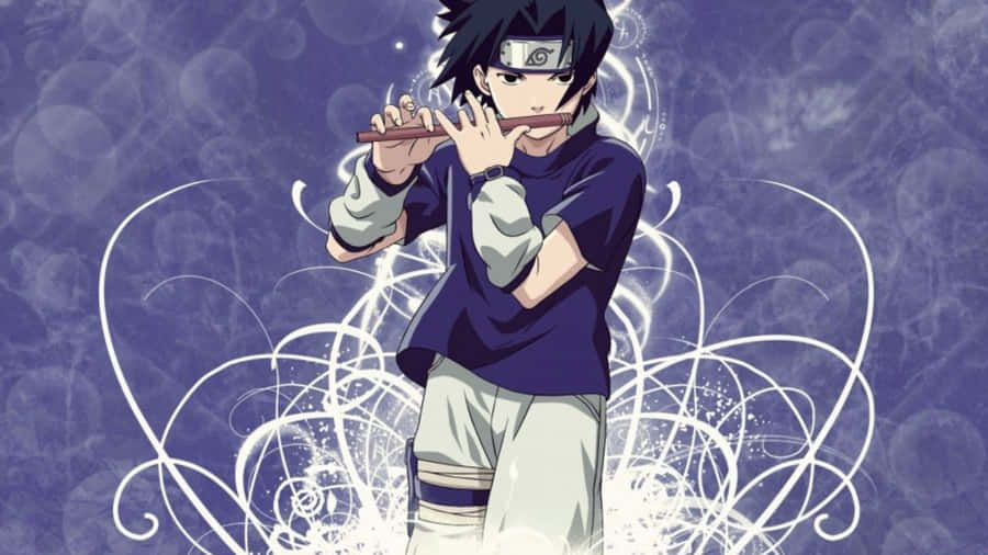 Blue Sasuke 桌布 壁紙 — 動畫角色在紋理紫色背景上，對著旋轉的白色圖案吹奏長笛。
