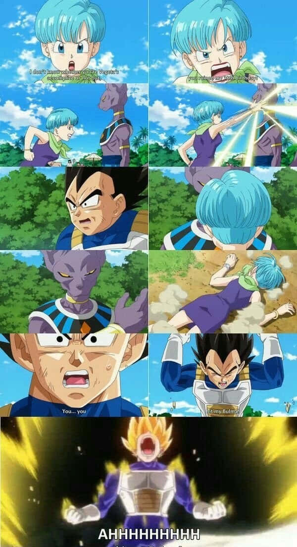 Vegeta's Family 桌布 壁紙 — 動畫角色在茂密的綠色森林中激烈戰鬥，背景是明亮的藍天，伴隨著戲劇性的能量爆炸和震驚的表情。