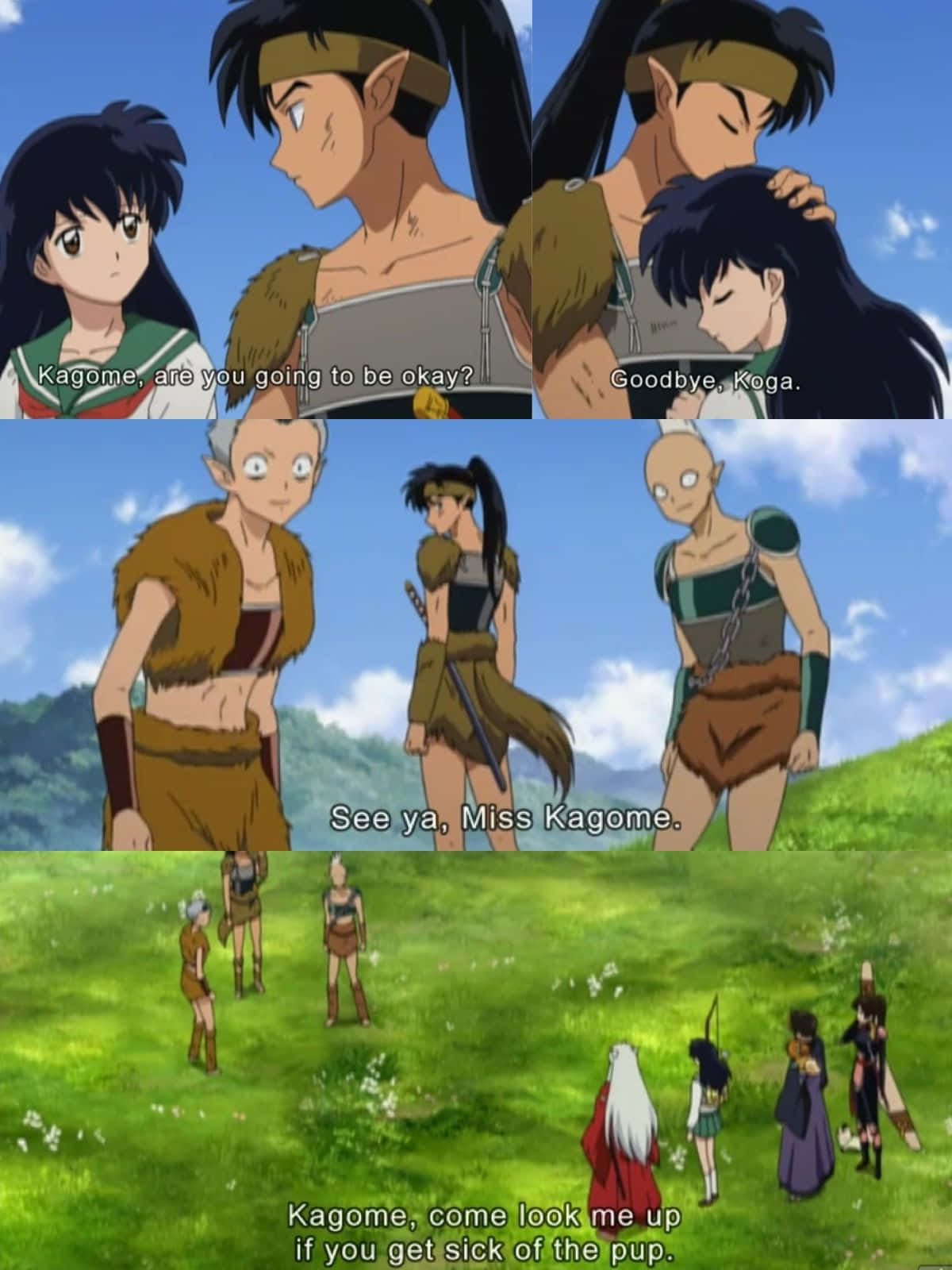 Inuyasha Koga 桌布 壁紙 — 動畫角色在陽光明媚、綠草如茵的山丘上告別，背景有山脈。