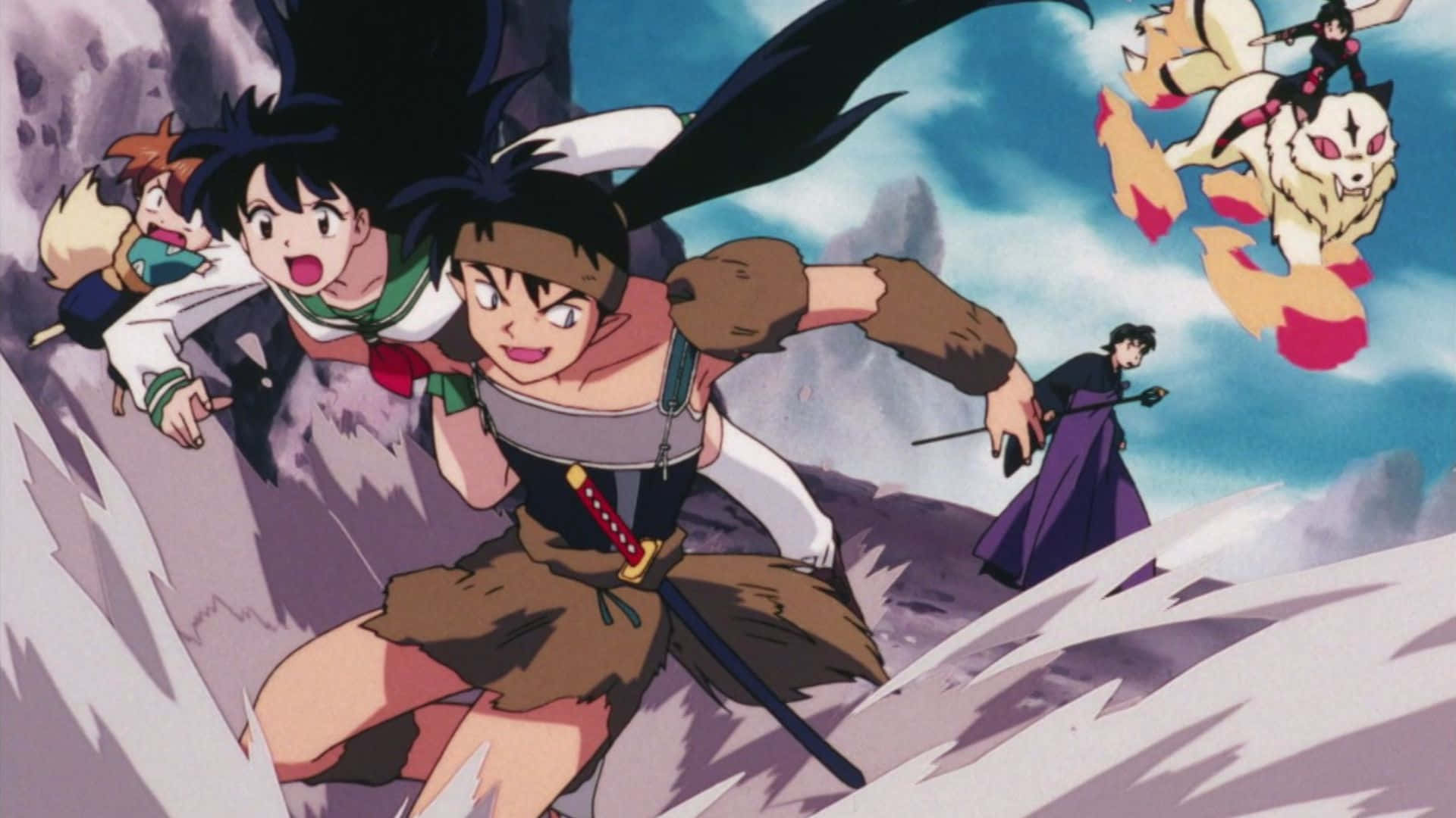 Inuyasha Koga 桌布 壁紙 — 動畫角色在雪山中疾馳，被火狐靈和黑袍人物追趕。