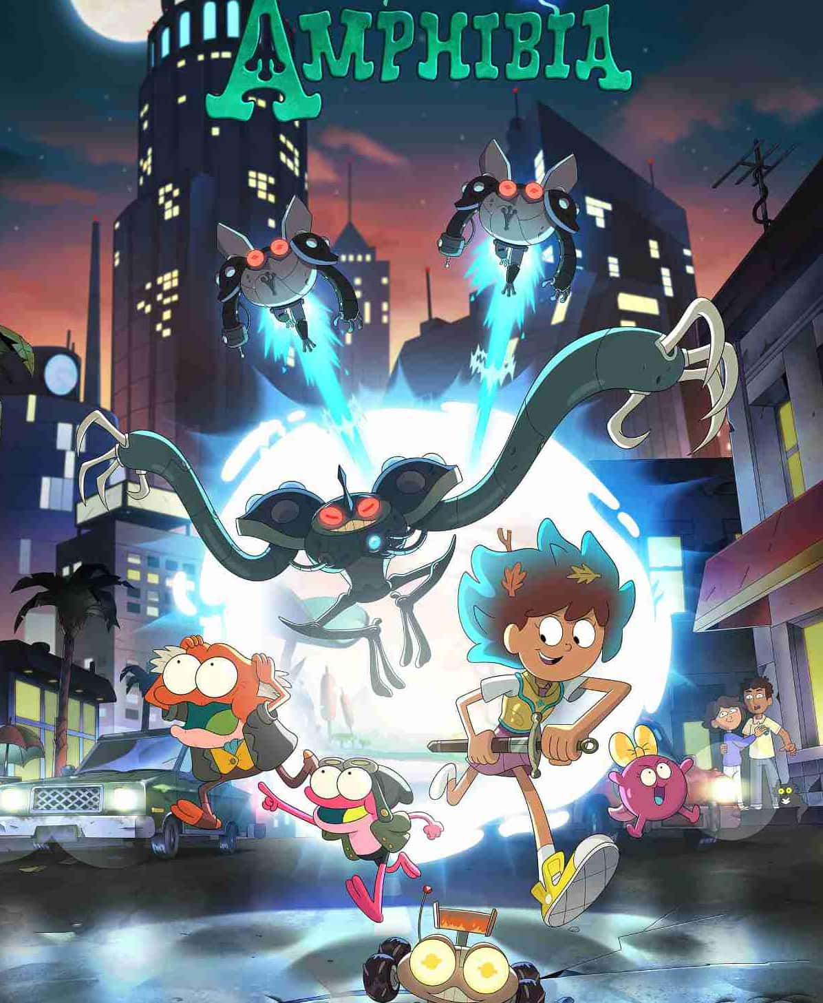 奇幻沼澤 桌布 壁紙 — 動畫角色在黃昏時分穿過霓虹燈照亮的城市街道追逐發光的外星生物。