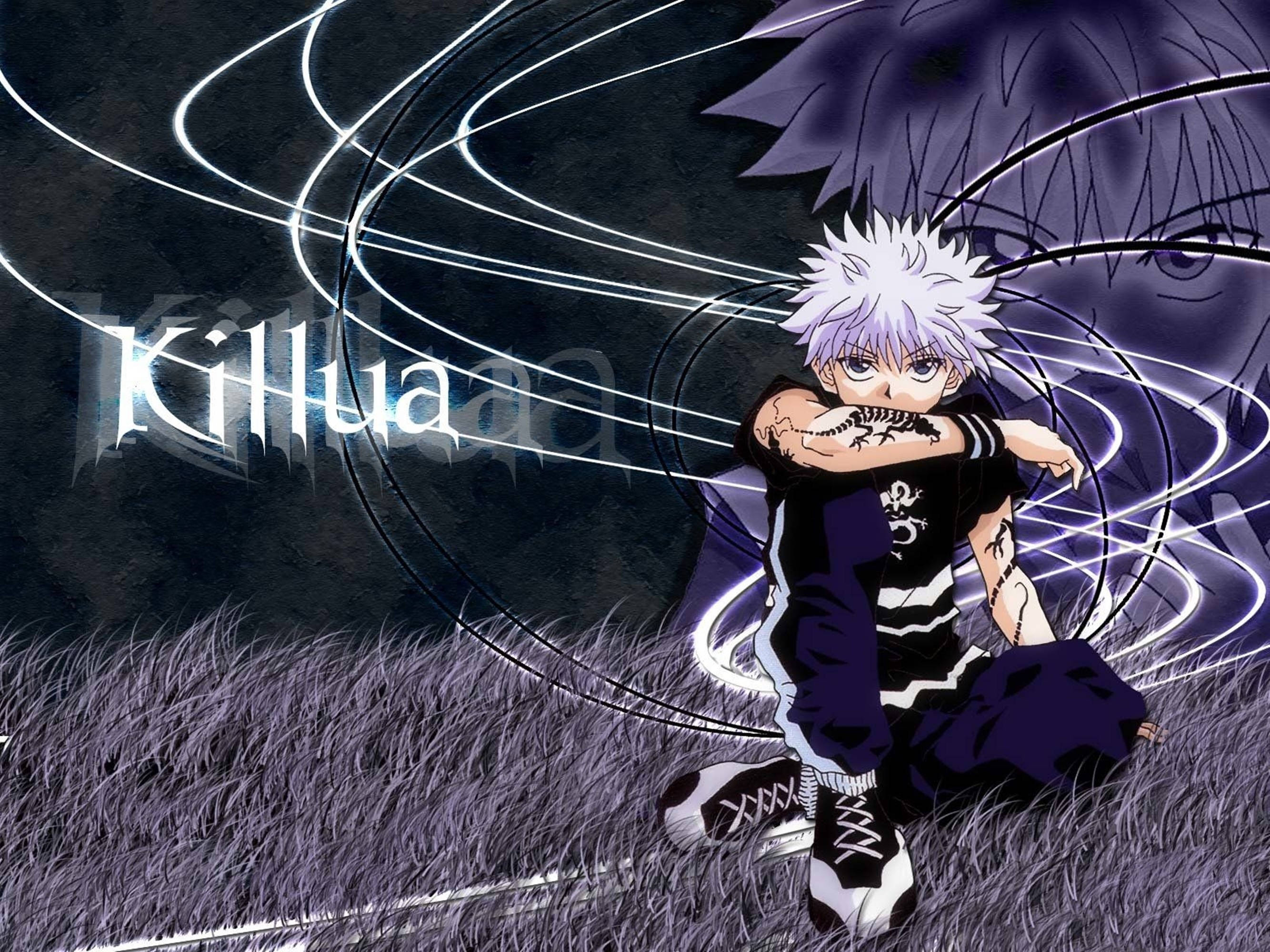 Hunter X Hunter 4K 桌布 壁紙 — 動畫角色奇犽蹲在紫色草叢中，身後有發光的白色能量線和一個巨大的陰影面孔籠罩著。