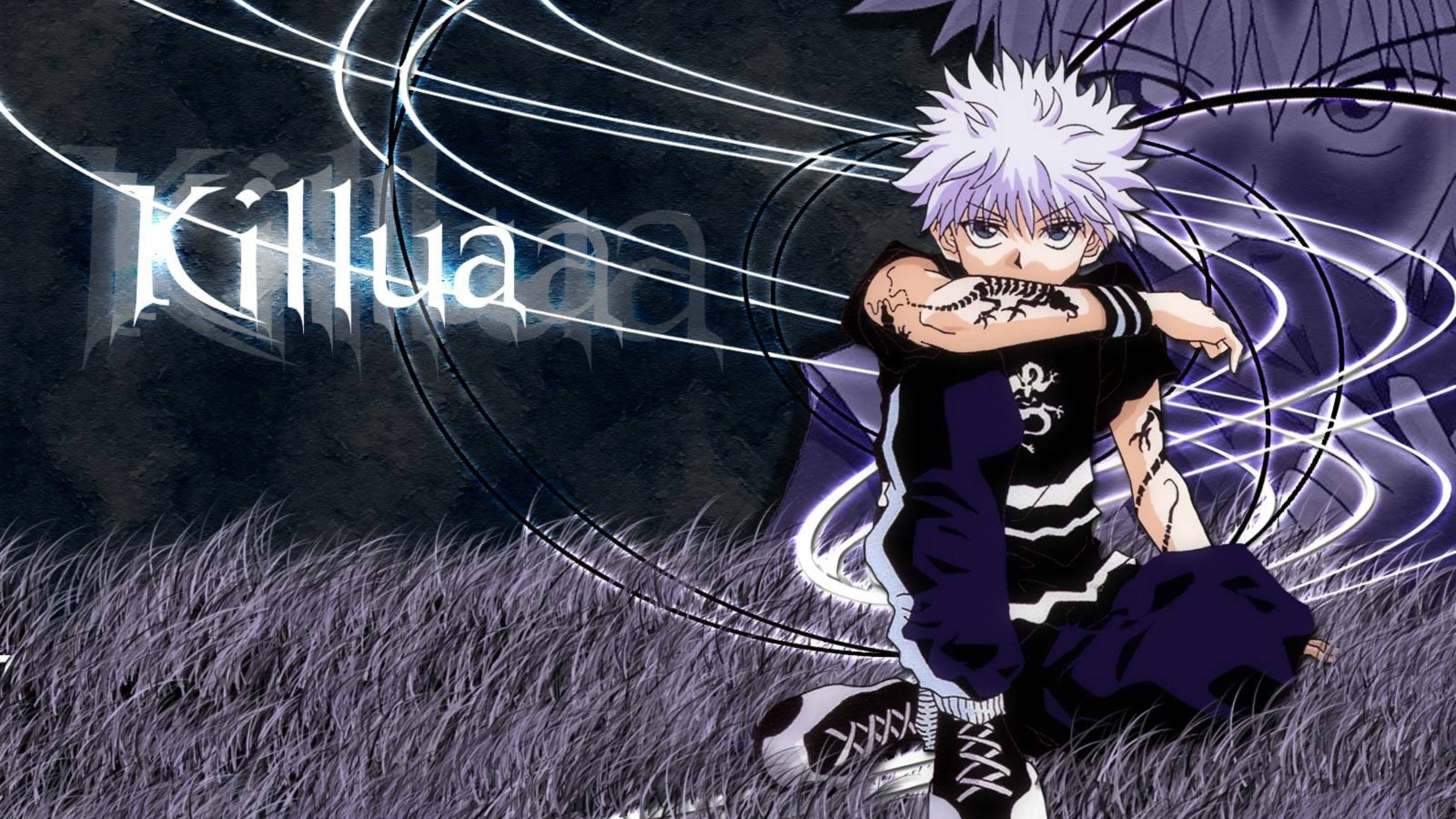 killua 4K 桌布 壁紙 — 動畫角色奇犽蹲在紫色草地上，發光的白色能量線條和以風格化文字呈現的名字。