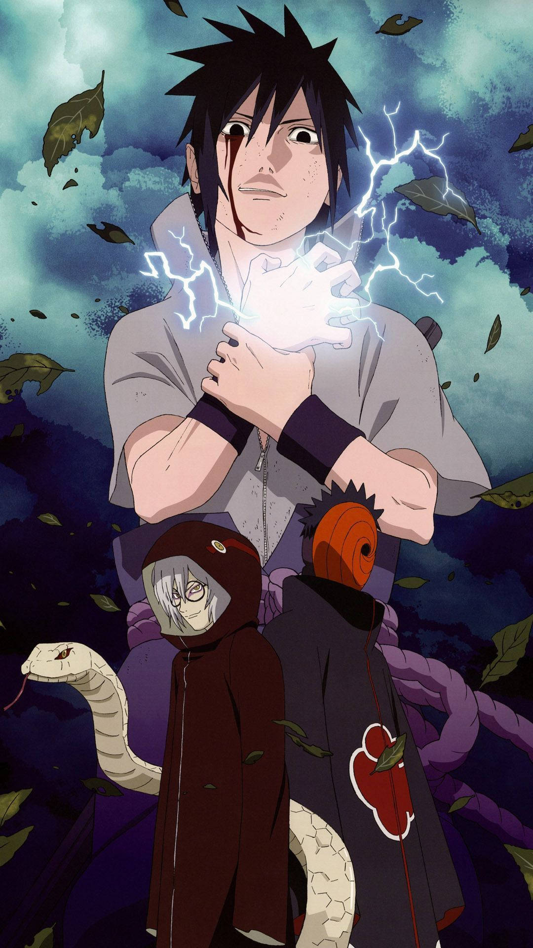 sasuke uchiha 桌布 壁紙 — 動畫角色宇智波佐助在暴風雨的天空下，引導雷電查克拉，樹葉在他周圍旋轉。