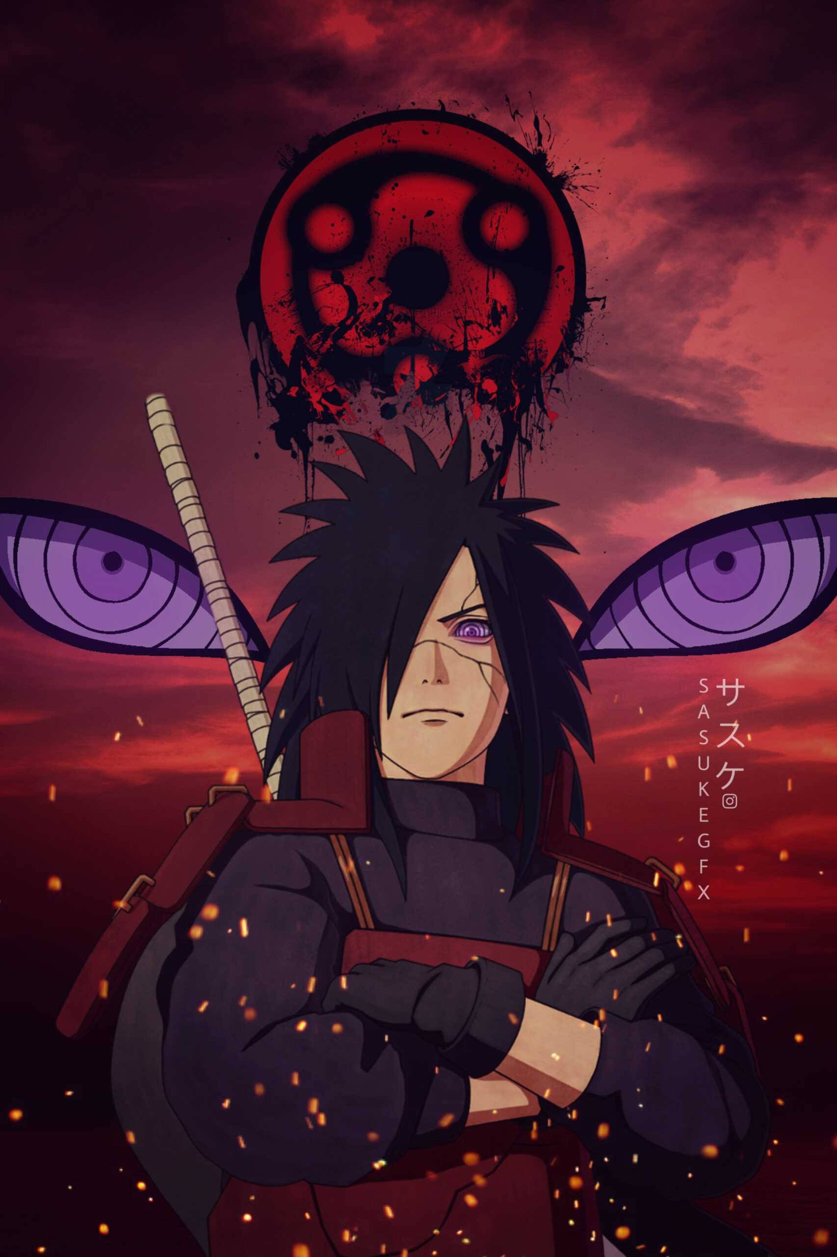 Uchiha 桌布 壁紙 — 動畫角色宇智波佐助在血紅色的天空下交叉雙臂站立，兩側有巨大的紫色寫輪眼，頭頂有輪迴眼符號。