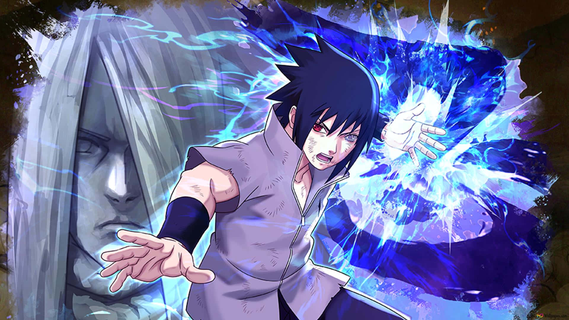 Sasuke 桌布 壁紙 — 動畫角色宇智波佐助在鬼臉背景下以強烈表情引導藍色查克拉。