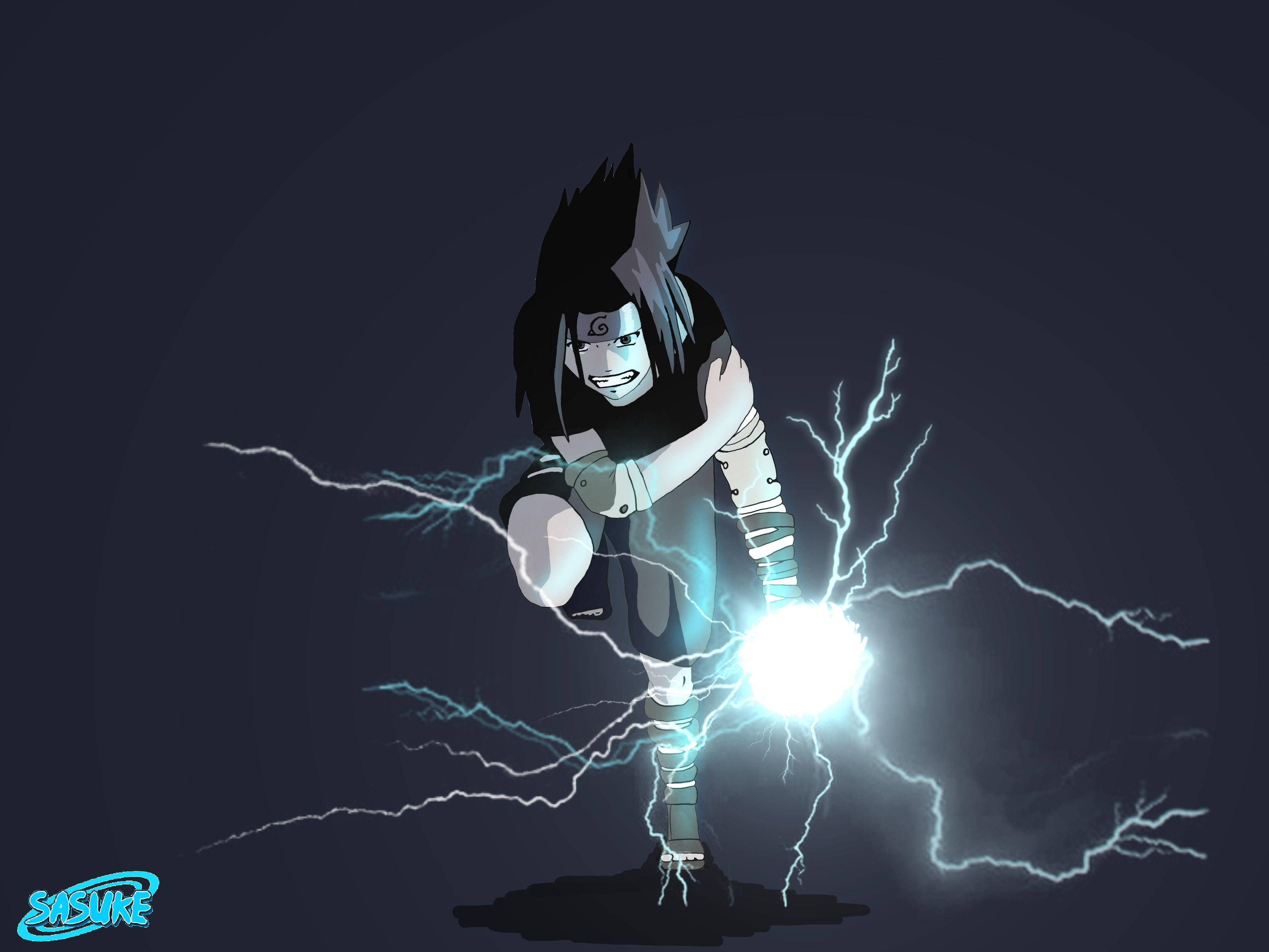 chidori 桌布 壁紙 — 動畫角色宇智波佐助在黑暗背景下將藍色閃電匯聚成發光的球體。