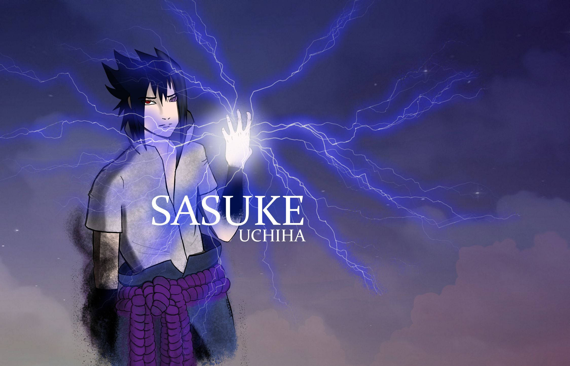 chidori 桌布 壁紙 — 動畫角色宇智波佐助從手中釋放藍色閃電，對抗暴風雨般的紫色天空。