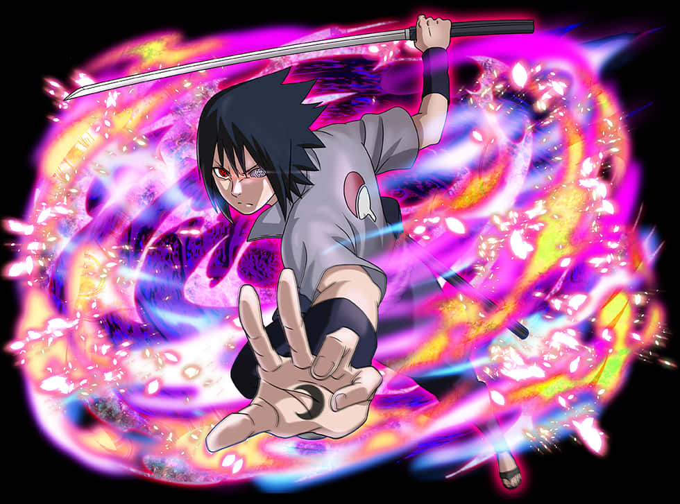 Rinnegan 桌布 壁紙 — 動畫角色宇智波佐助揮舞著劍，施展強大的查克拉忍術，周圍環繞著旋轉的粉紅色、紫色和黃色能量。