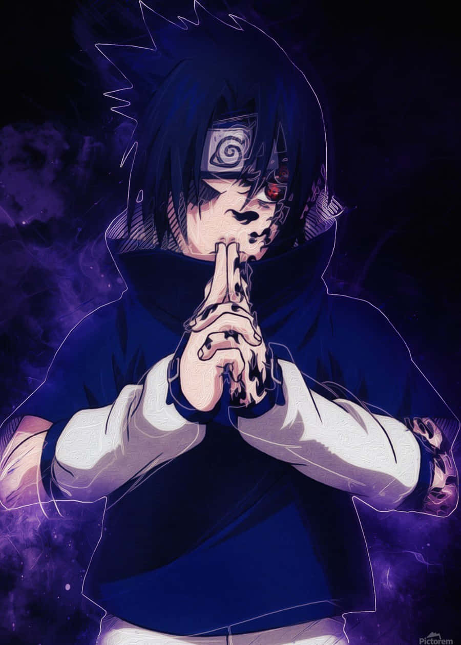 Sasuke 桌布 壁紙 — 動畫角色宇智波佐助身穿深藍色斗篷，在紫色煙霧背景前結手印，紅色眼睛發光。