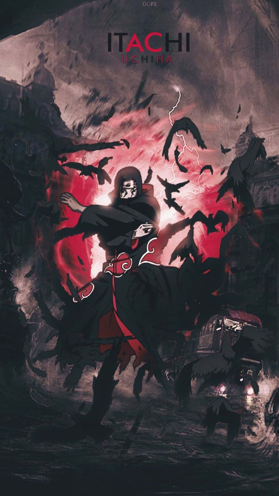 Uchiha iPhone 桌布 壁紙 — 動畫角色宇智波鼬站在黑暗風暴場景中，被紅色查克拉和黑鳥包圍。