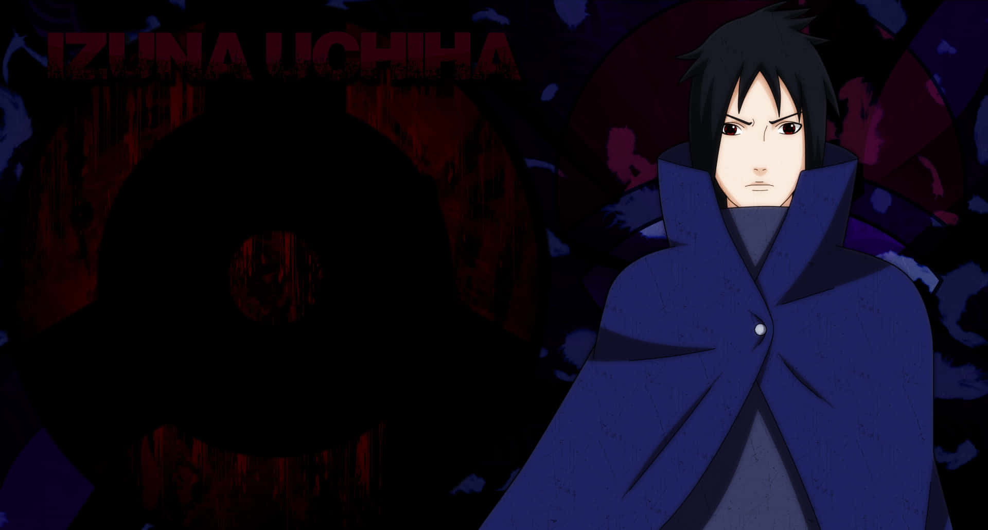 Izuna Uchiha 桌布 壁紙 — 動畫角色宇智波鼬身穿深藍色斗篷，站在帶有紅色和黑色抽象圖案的陰影背景前。