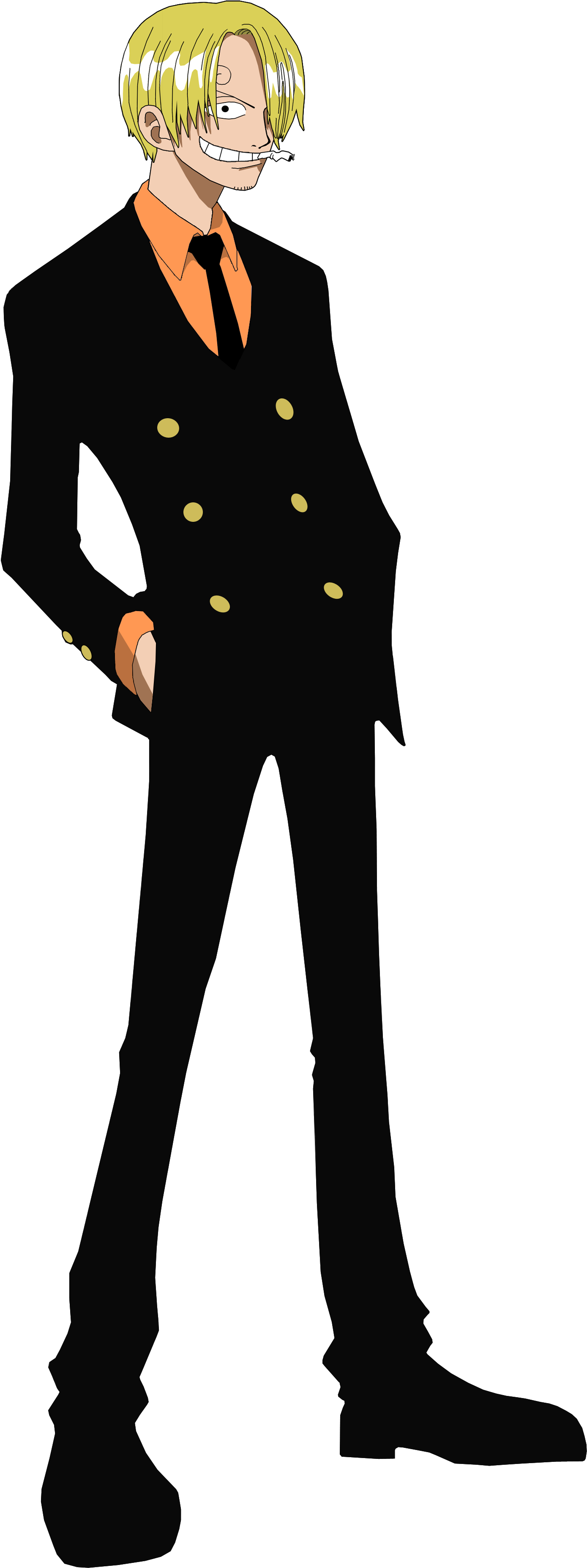Sanji 桌布 壁紙 — 動畫角色山治穿著黑色雙排扣西裝，金色鈕扣和橙色襯衫，背景為黑色。