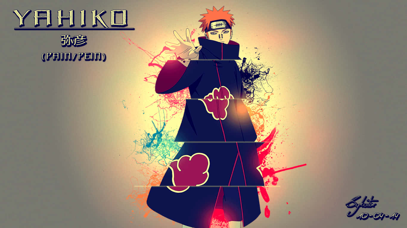 Yahiko 桌布 壁紙 — 動畫角色彌彥身穿曉組織斗篷，站在色彩繽紛的顏料潑濺和發光光環前。