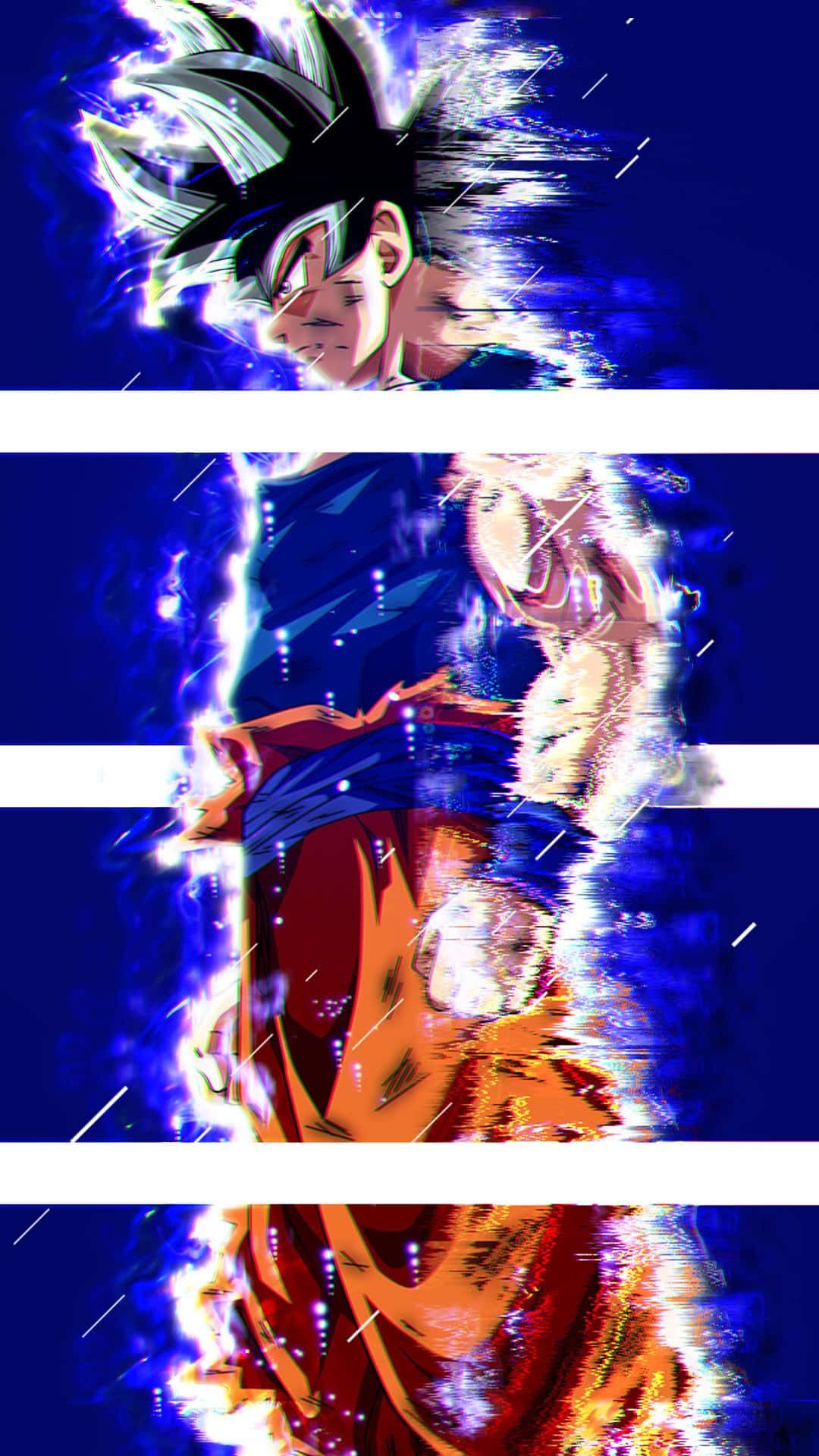 Dragon Ball iPhone 桌布 壁紙 — 動畫角色悟空以超級賽亞人形態，在深藍色背景上散發出藍色和白色的能量，並帶有動態線條。