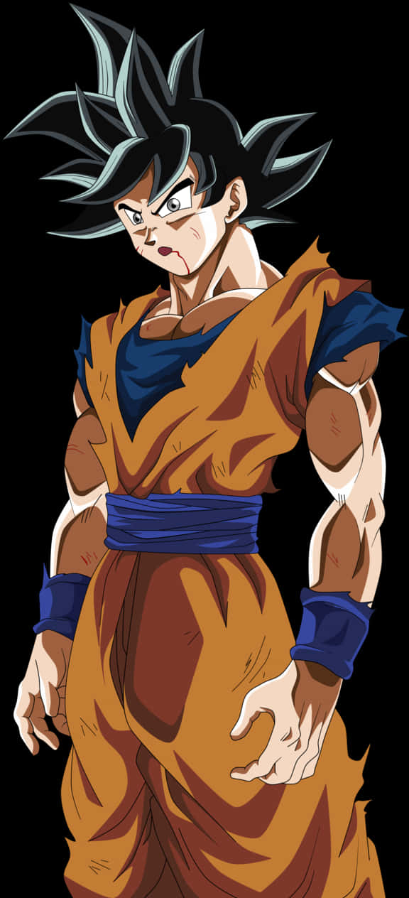Goku Dragon Ball Super 桌布 壁紙 — 動畫角色悟空以超級賽亞人形態，尖刺頭髮和橙色道服，黑色背景。