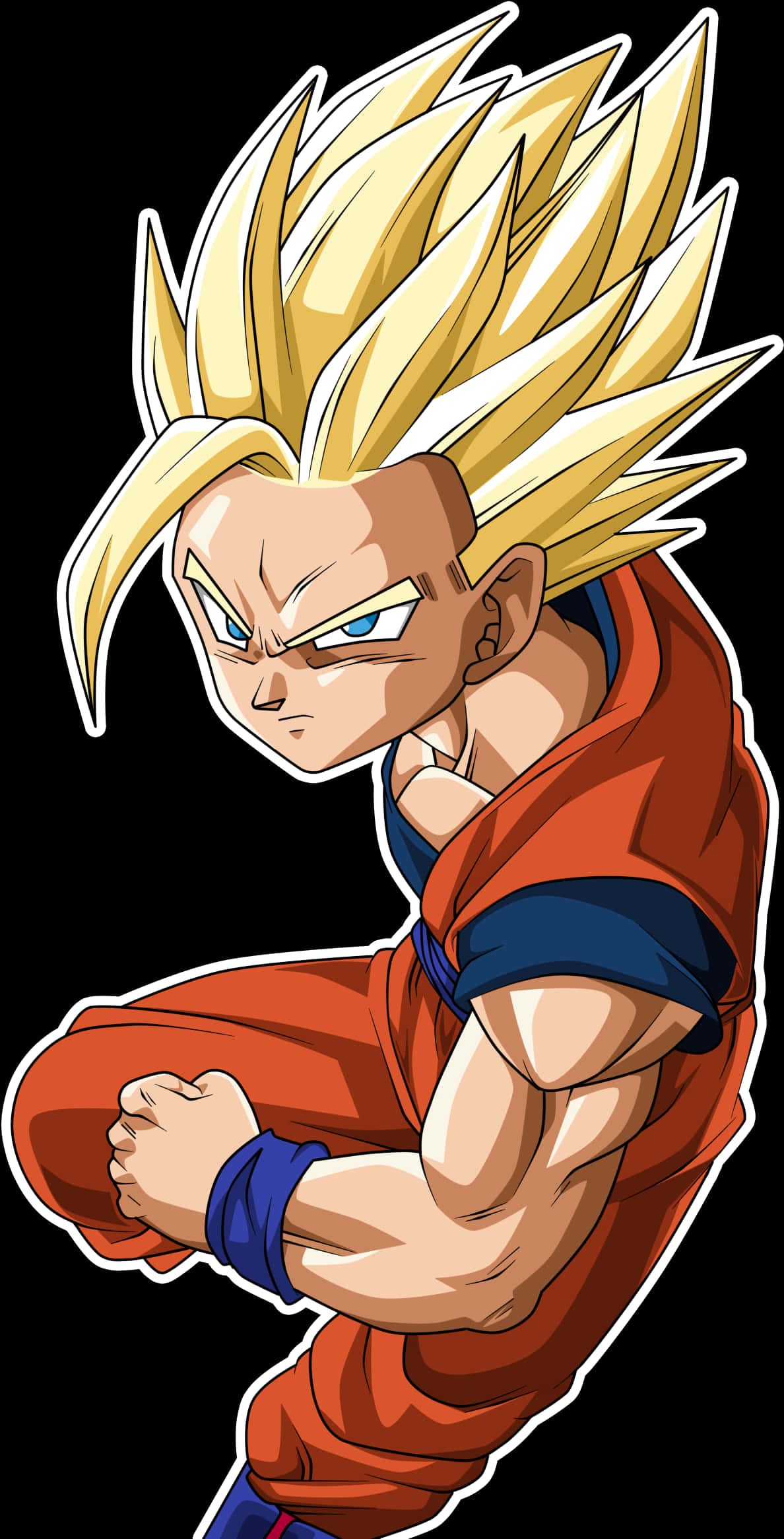 Anime Character 桌布 壁紙 — 動畫角色悟空以超級賽亞人形態呈現，擁有尖刺金髮和戰鬥姿態中的強烈藍眼睛。