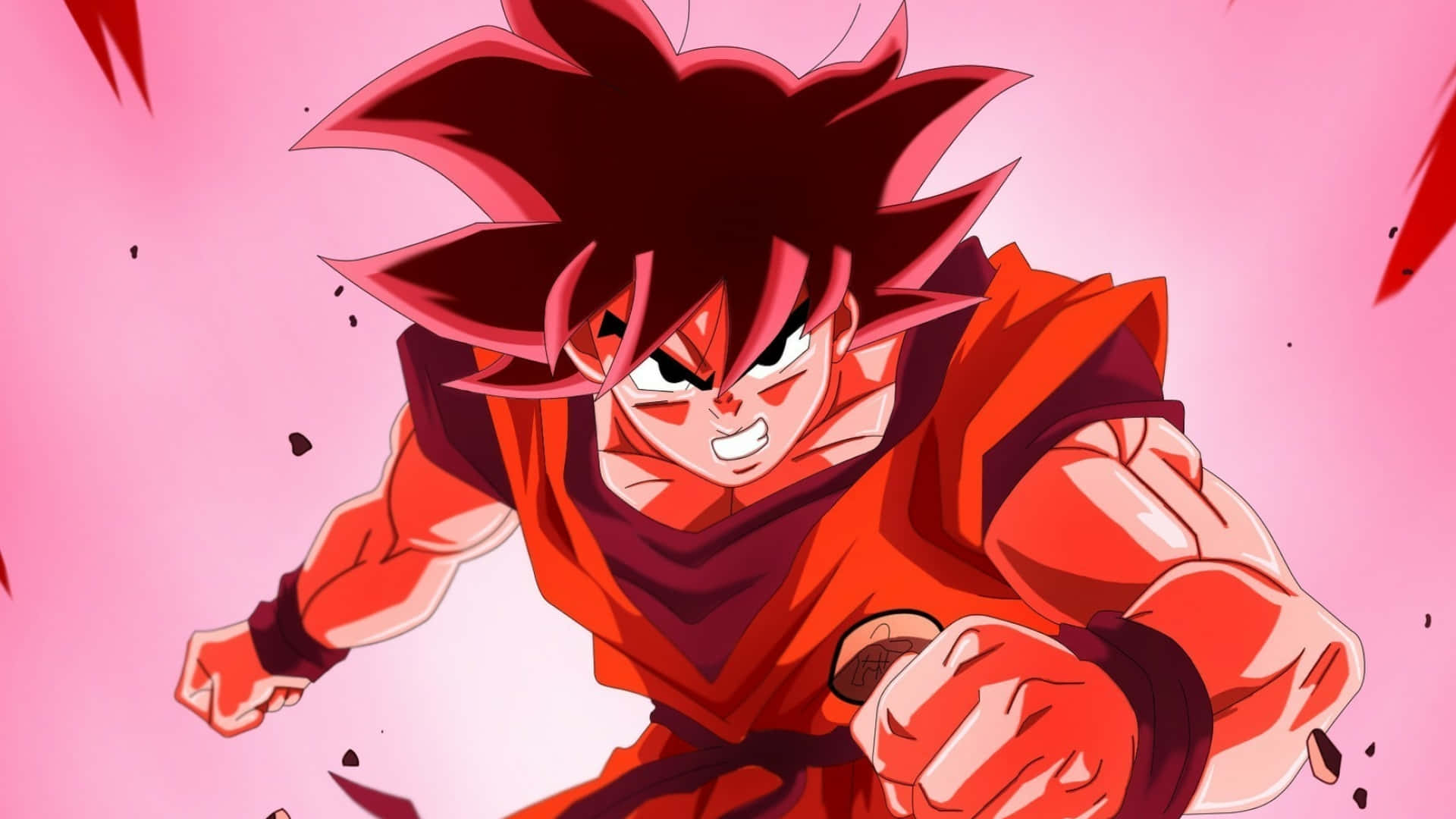 Dbz 桌布 壁紙 — 動畫角色悟空以超級賽亞人玫瑰形態向前衝刺，表情強烈，背景為粉紅色。