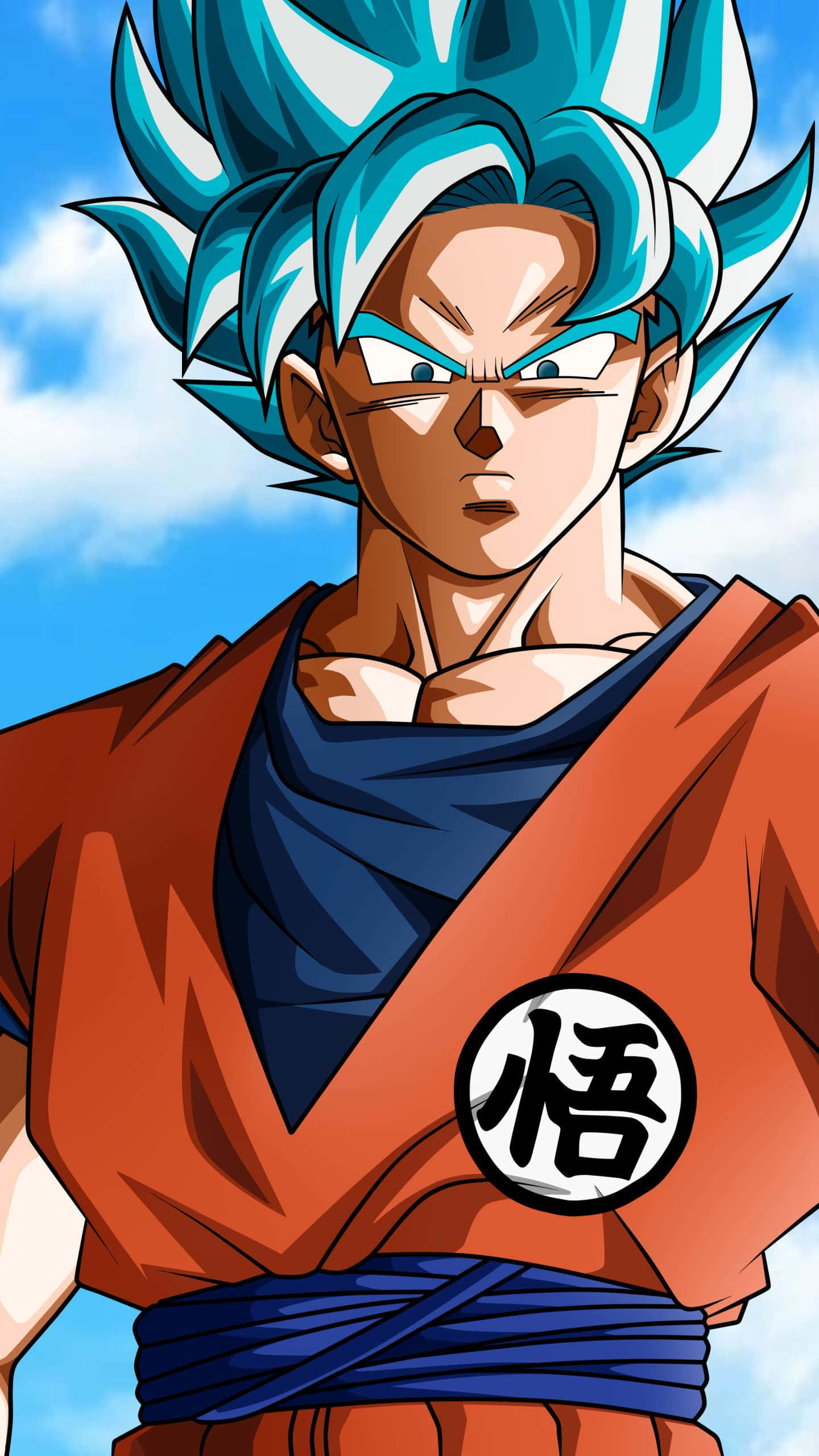 Dragon Ball iPhone 桌布 壁紙 — 動畫角色悟空以超級賽亞人藍形態出現，擁有尖刺藍色頭髮和橙色道服，背景是明亮的藍天。
