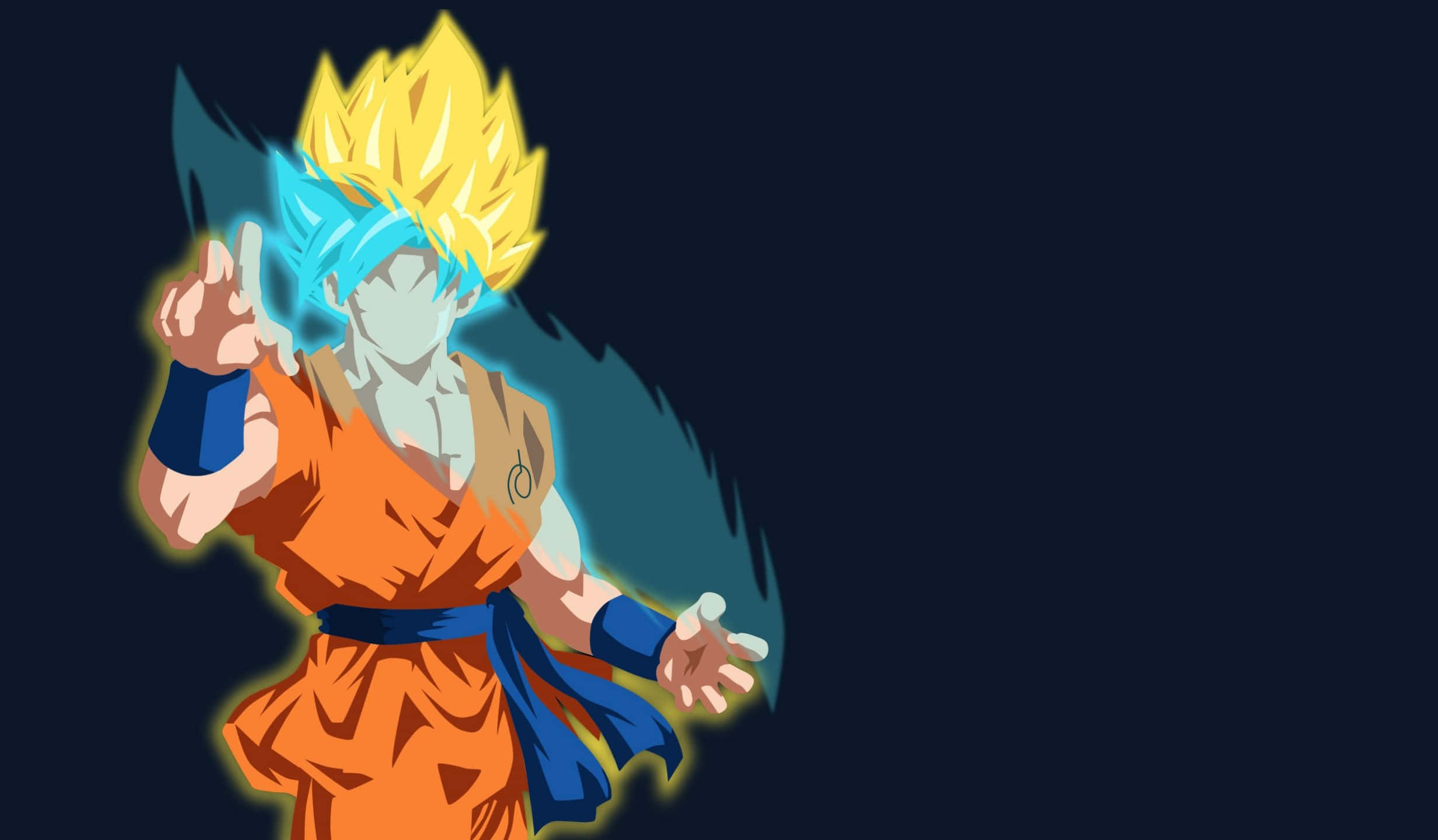 Anime Minimalist 桌布 壁紙 — 動畫角色悟空以超級賽亞人藍形態呈現，帶有發光的藍色氣場和尖刺黃髮，背景為深色。