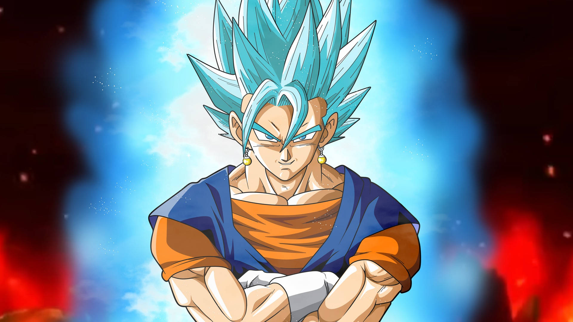 Vegito 桌布 壁紙 — 動畫角色悟空以超級賽亞人藍形態登場，擁有尖刺藍髮和銳利眼神，背景是火紅與電藍色的宇宙場景。