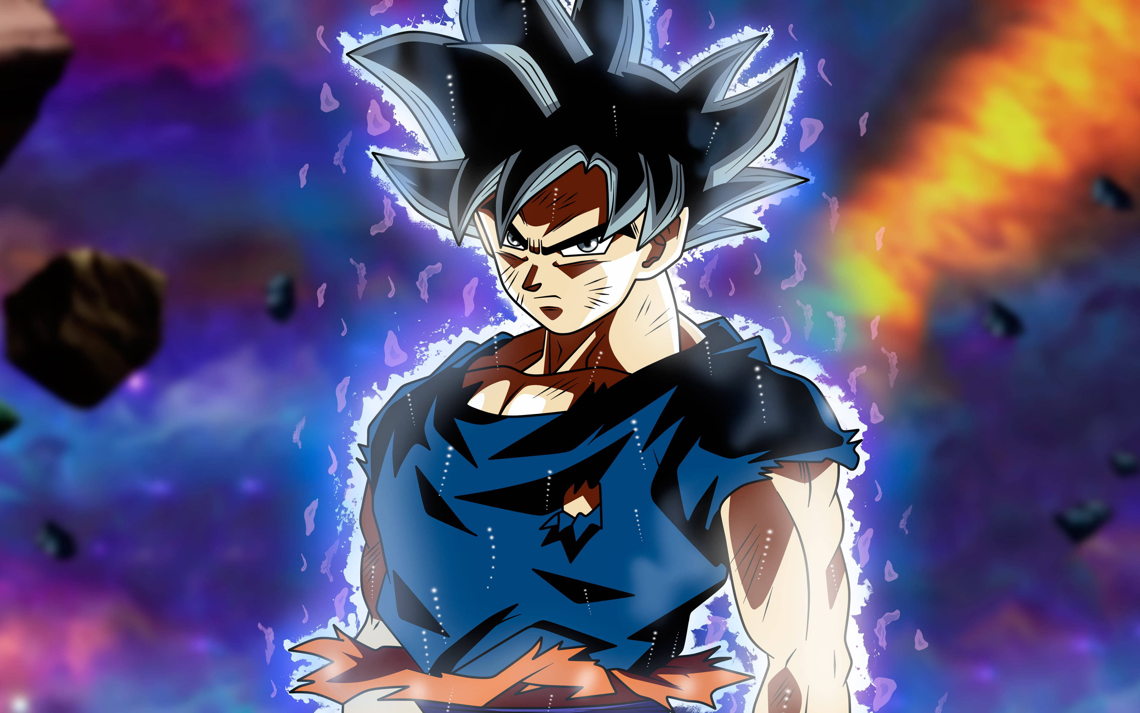 Dbz 桌布 壁紙 — 動畫角色悟空以超級賽亞人藍色型態，在紫色和橙色能量的宇宙背景下強勢站立。