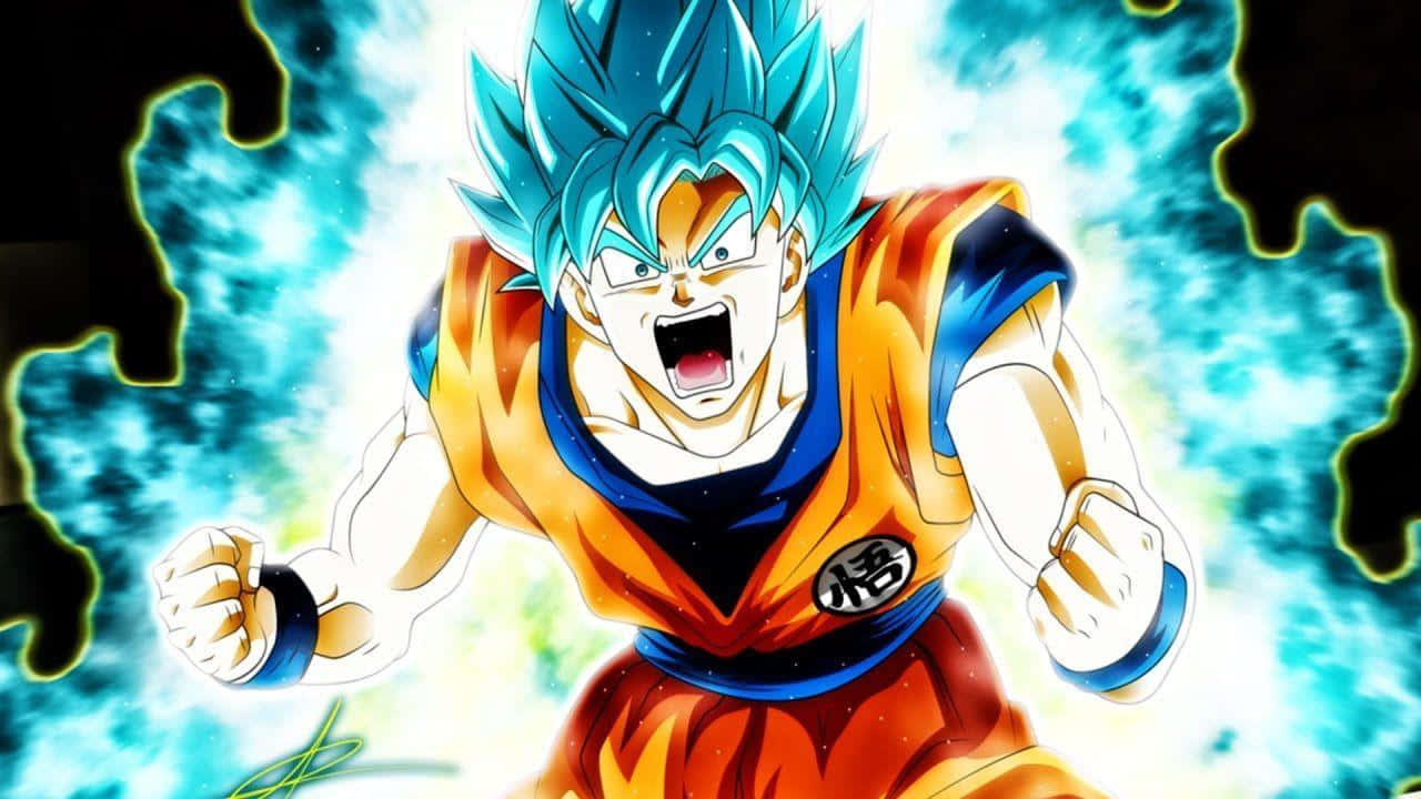 Super Saiyan Blue 桌布 壁紙 — 動畫角色悟空以超級賽亞人藍色形態咆哮，發出藍色光芒的頭髮和氣場，背景是宇宙。