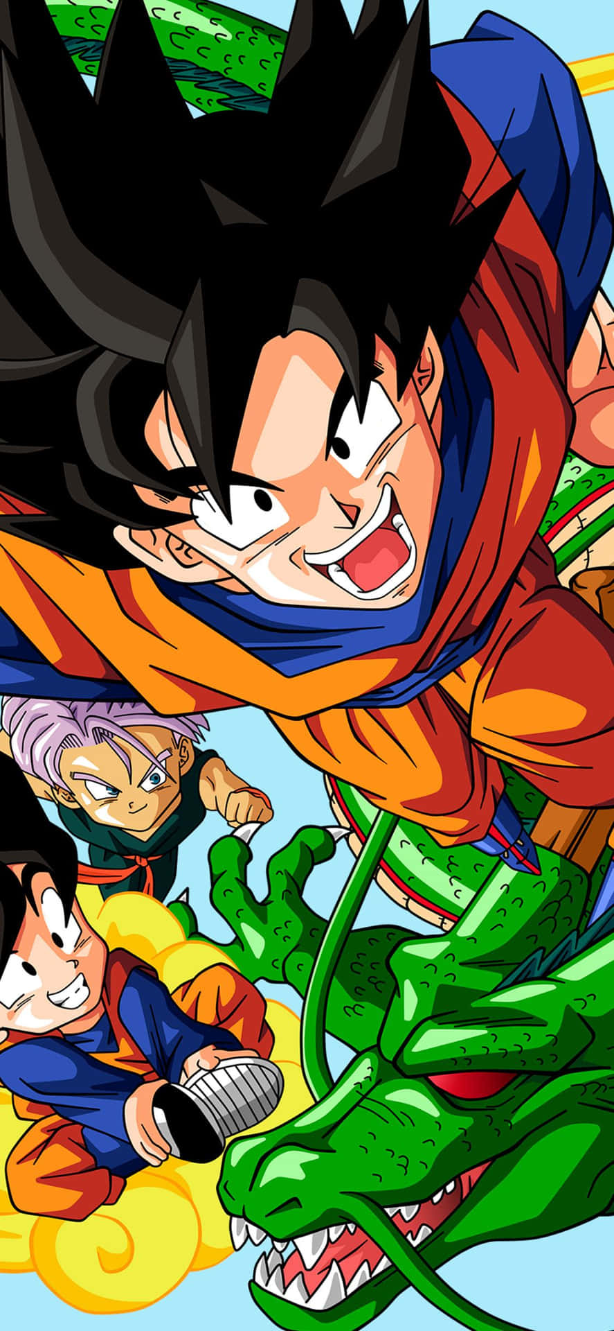 Dragon Ball iPhone 桌布 壁紙 — 動畫角色悟空和特南克斯以兇猛的表情和動態姿勢與一條綠龍戰鬥。