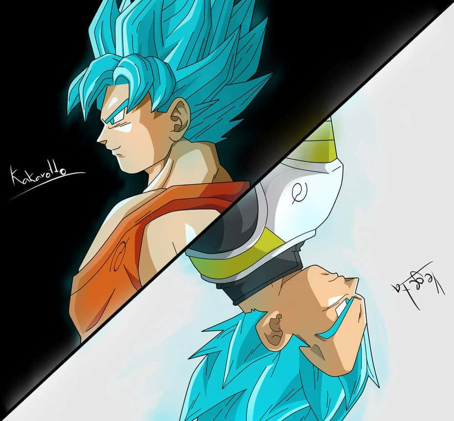 Vegeta And Goku 桌布 壁紙 — 動畫角色悟空和貝吉塔以超級賽亞人藍色形態在戲劇性的分割畫面戰鬥場景中對峙。