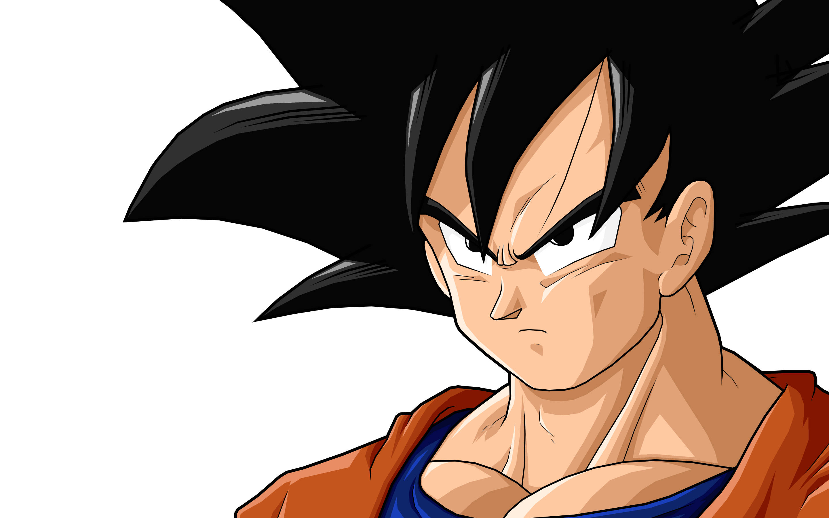 Awesome Goku 桌布 壁紙 — 動畫角色悟空的特寫，他有黑色刺蝟頭和強烈表情，背景是白色。