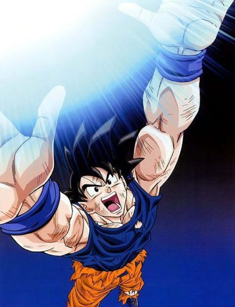Goku's Spirit Bomb Sword 桌布 壁紙 — 動畫角色悟空穿著橙色褲子和藍色道服，在深藍色背景下，從伸出的雙手中散發出發光的藍色能量，進行力量提升。