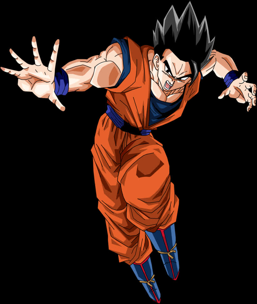 Anime Character 桌布 壁紙 — 動畫角色悟空穿著橙色道服，在黑色背景下帶著強烈表情向前跳躍。