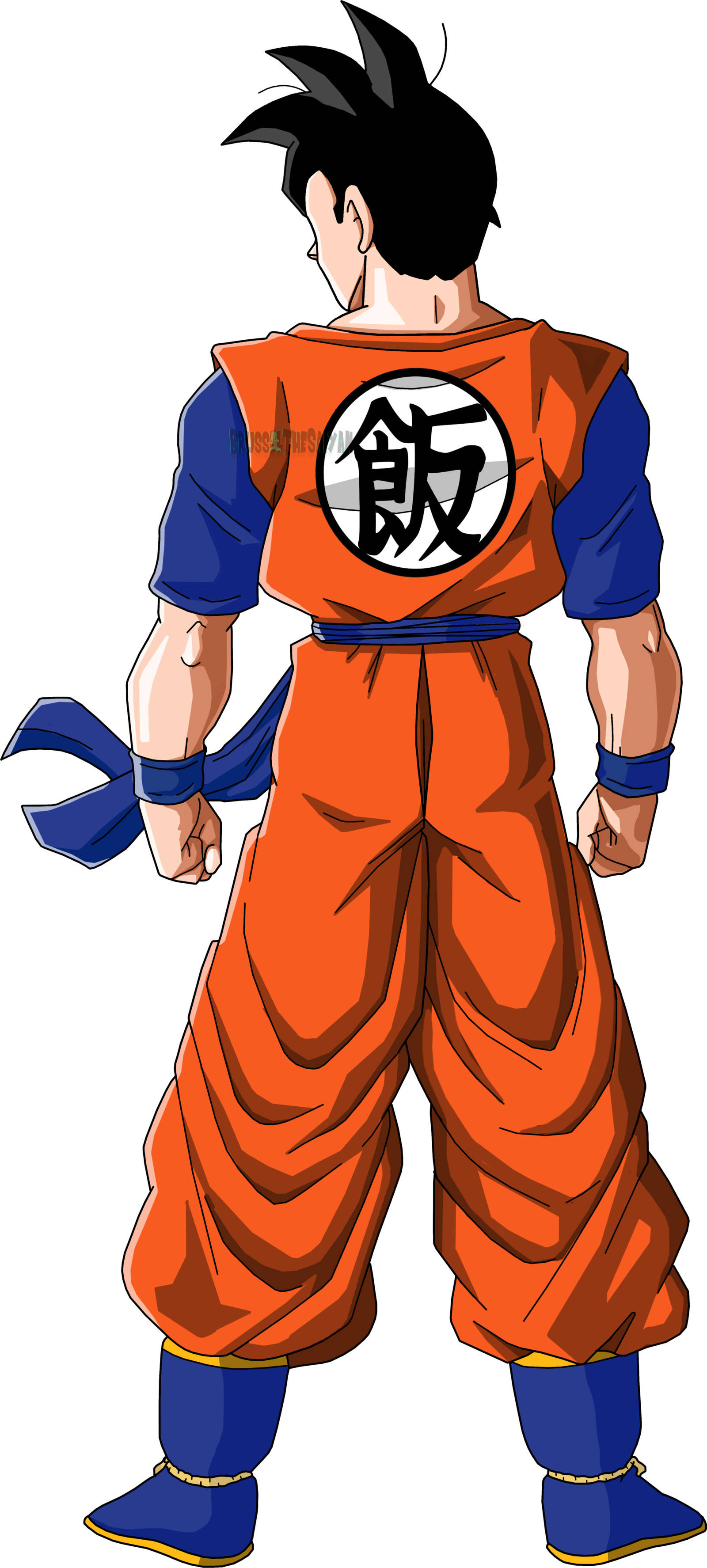 Gohan 桌布 壁紙 — 動畫角色悟空背面，身穿標誌性橙色和藍色道服，背後有「悟空」漢字，自信站立。