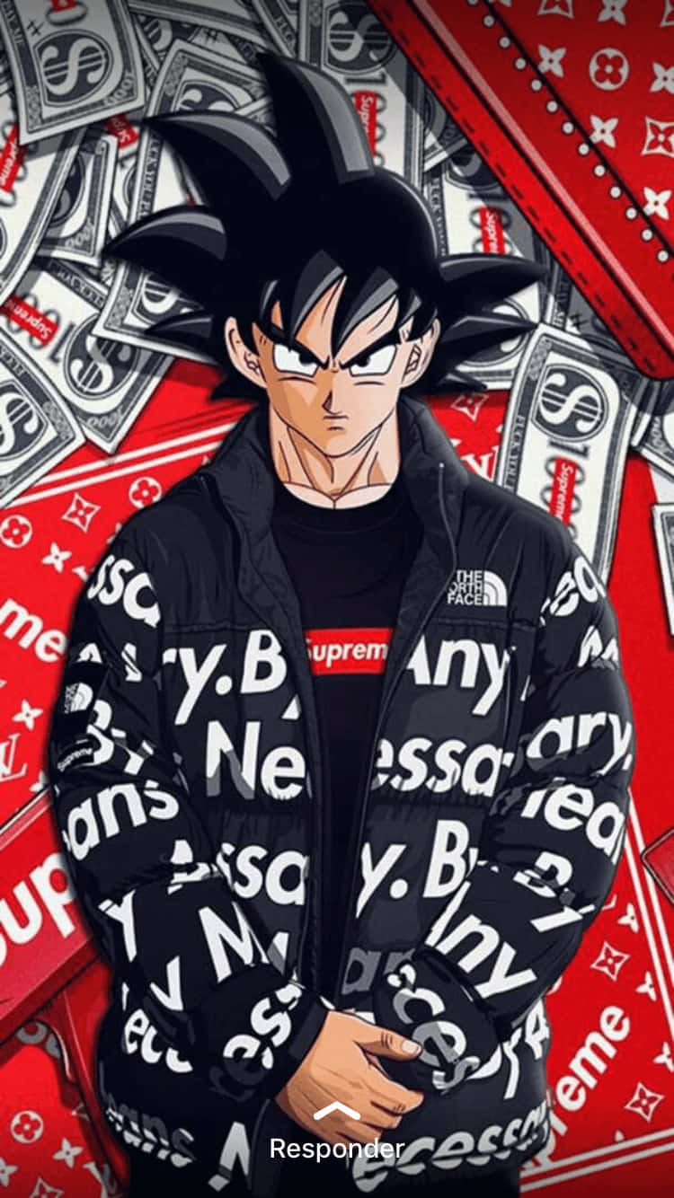 桌布 壁紙 — 動畫角色悟空自信地穿著 Supreme x The North Face 外套，背景是美元鈔票和 Louis Vuitton 圖案。