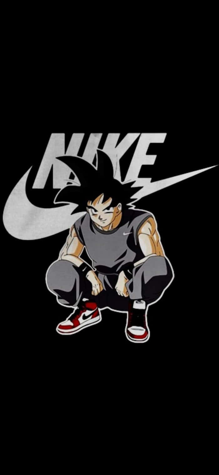 龍珠Z 桌布 壁紙 — 動畫角色悟空自信地蹲著，身穿Nike裝備，背景為純黑色，帶有一個大型白色Nike標誌。