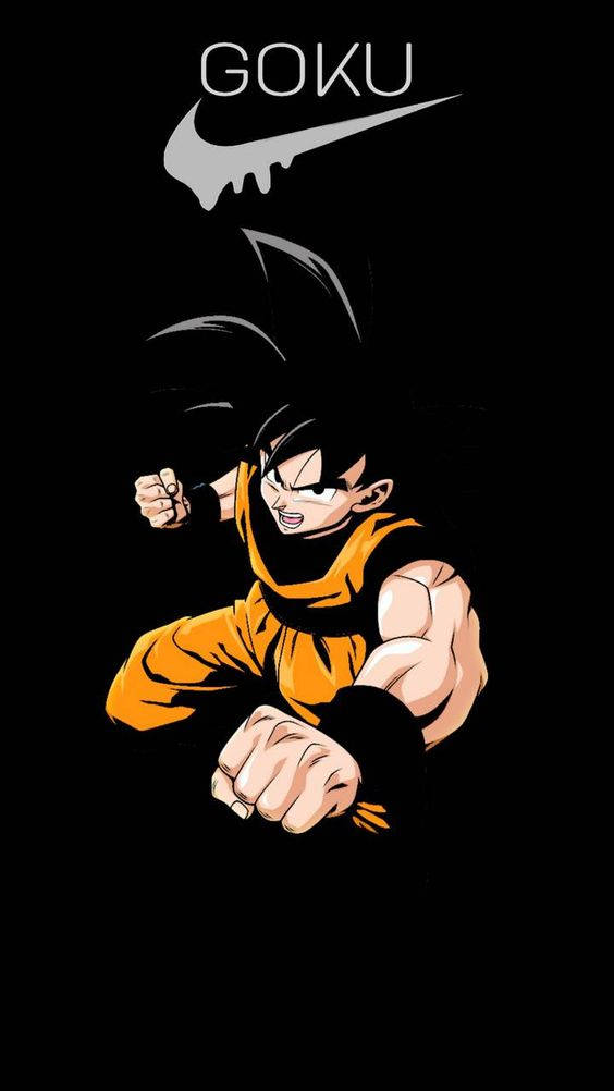 Goku Swag 桌布 壁紙 — 動畫角色悟空身穿橙色道服，在黑色背景上向前出拳，上方有Nike標誌。