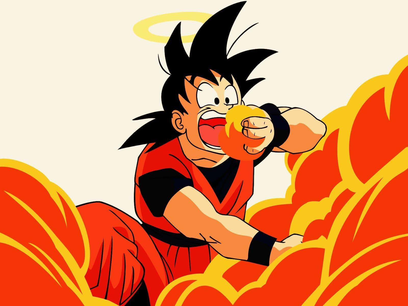 Funny Goku 桌布 壁紙 — 動畫角色悟空身穿紅色道服，在熾熱能量光環中吃著發光的橙色水果。