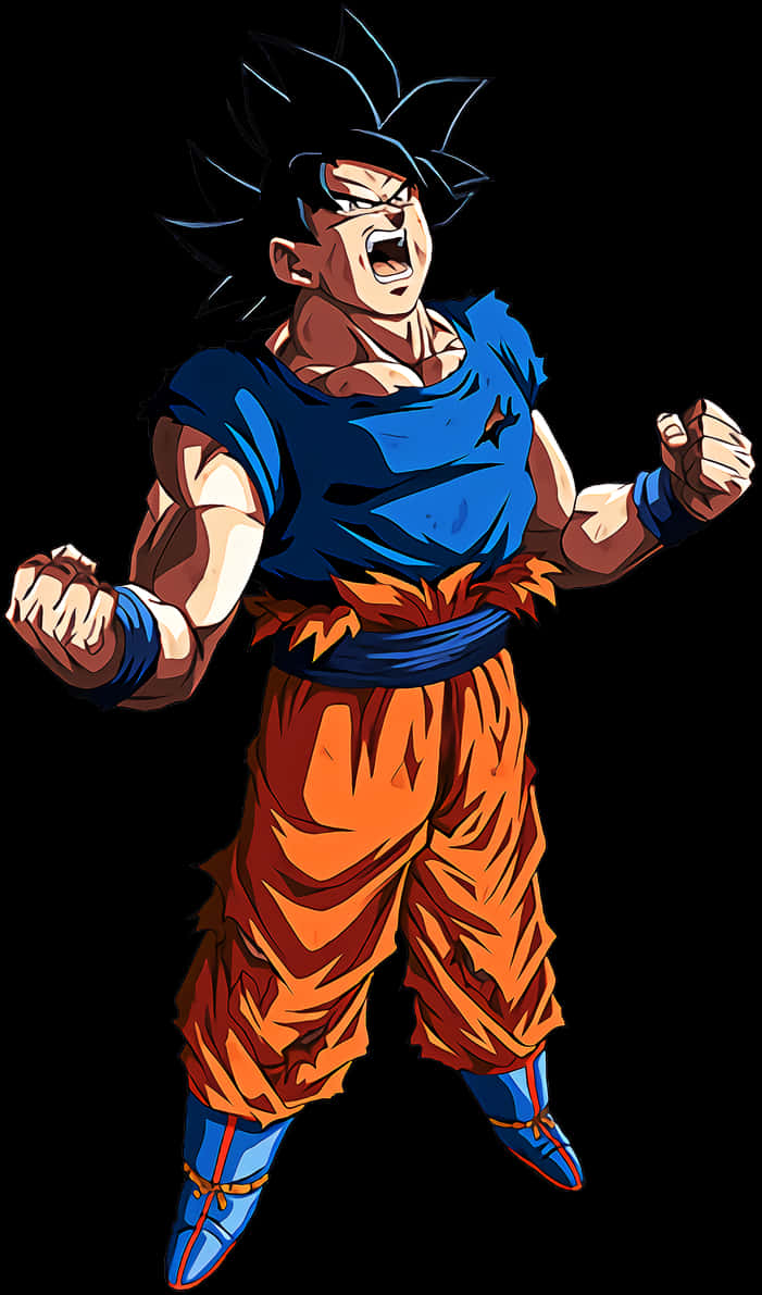 Goku Dragon Ball Super 桌布 壁紙 — 動畫角色悟空身穿藍橙色道服，在黑色背景前握拳咆哮。