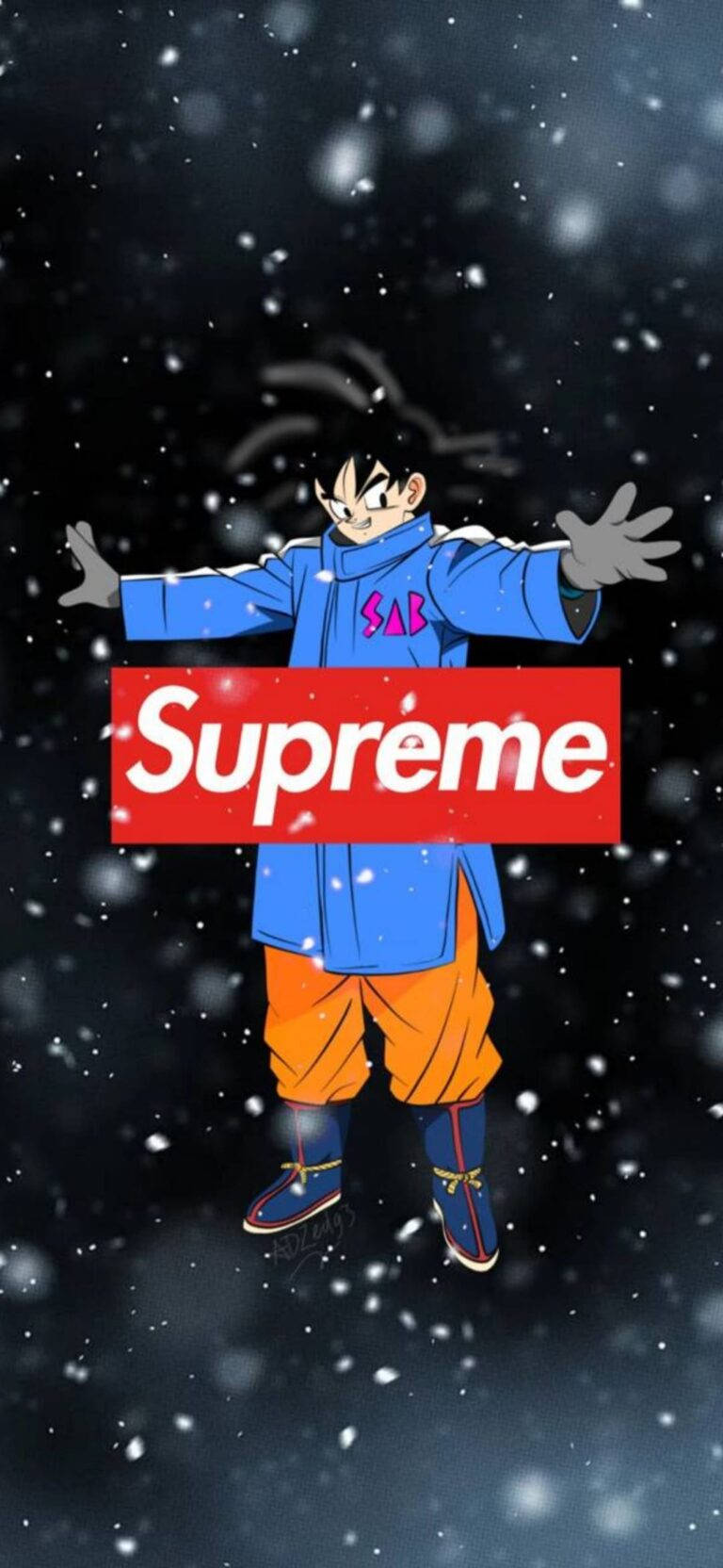 superhero supreme 桌布 壁紙 — 動畫角色悟空身穿藍色外套和橙色褲子，在雪夜天空下張開雙臂站立，帶有紅色Supreme標誌覆蓋。