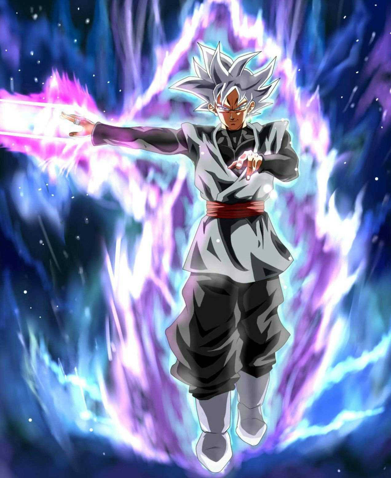 動畫戰士悟空黑在太空發射紫色能量爆炸。
