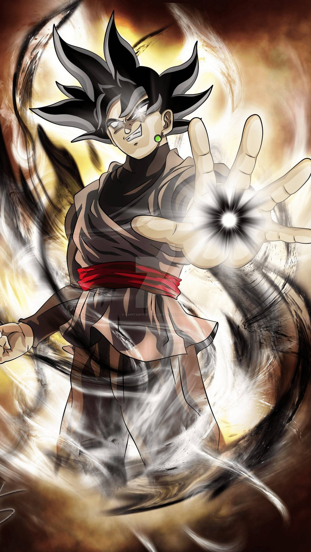 動漫男孩 桌布 壁紙 — 動畫角色悟空黑引導出一個發光的能量爆炸，周圍環繞著旋轉的黑暗和金色光環。