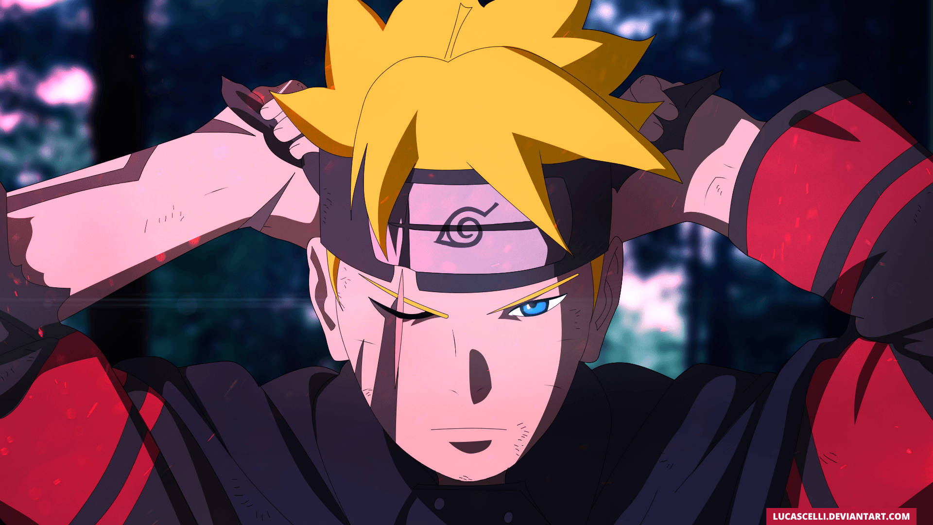 博人 桌布 壁紙 — 動畫角色慕留人（Boruto）擁有尖刺金髮和藍色眼睛，在黑暗的森林中緊握頭帶，凝視著前方。