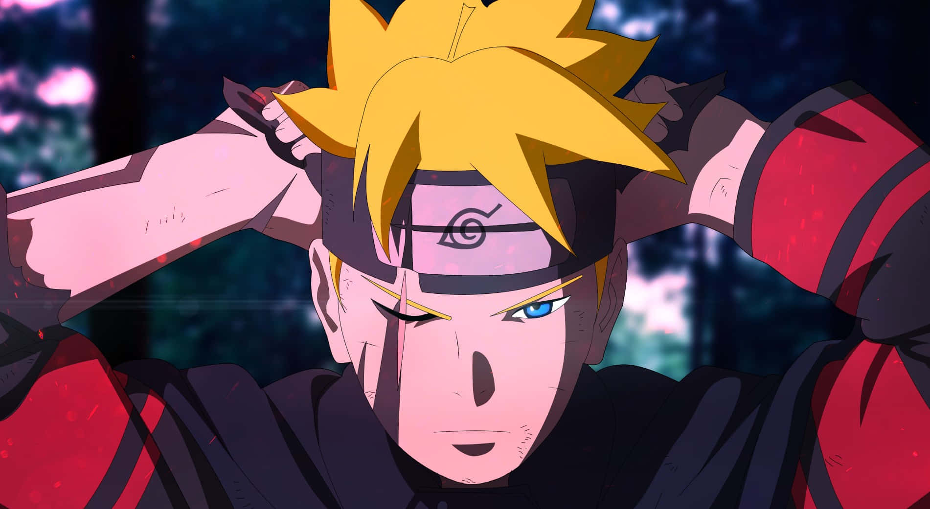 Boruto Naruto Next Generations 桌布 壁紙 — 動畫角色慕留人，擁有尖刺金髮和藍色眼睛，在緊張的森林場景中緊握頭帶。