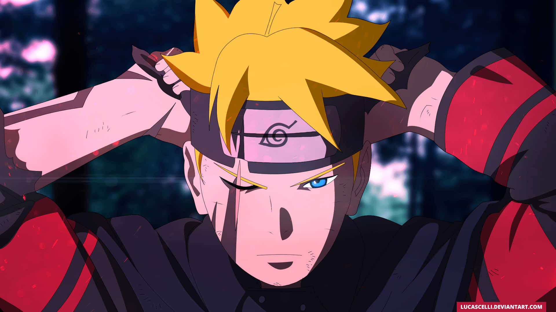 Boruto Naruto Next Generations 桌布 壁紙 — 動畫角色慕留人，金色刺蝟頭和藍色眼睛，在黑暗森林中雙手放在腦後，凝視著前方。