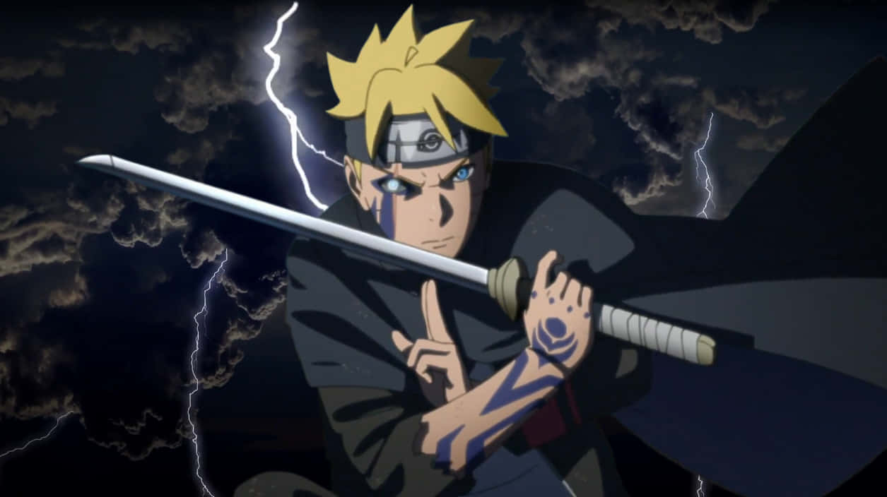 Adult Boruto 桌布 壁紙 — 動畫角色慕留人在暴風雨的天空下揮舞著劍，身後閃電閃爍。