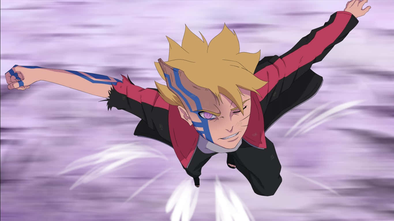 Boruto Naruto Next Generations 桌布 壁紙 — 動畫角色慕留人帶著堅定的表情在模糊的紫色背景前向前飛翔。