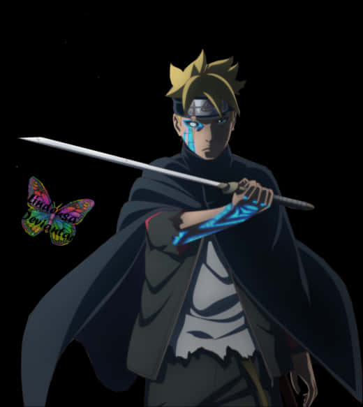 Boruto And Naruto 桌布 壁紙 — 動畫角色慕留人揮舞著發光的劍，背景黑暗，附近有一隻色彩繽紛的蝴蝶。