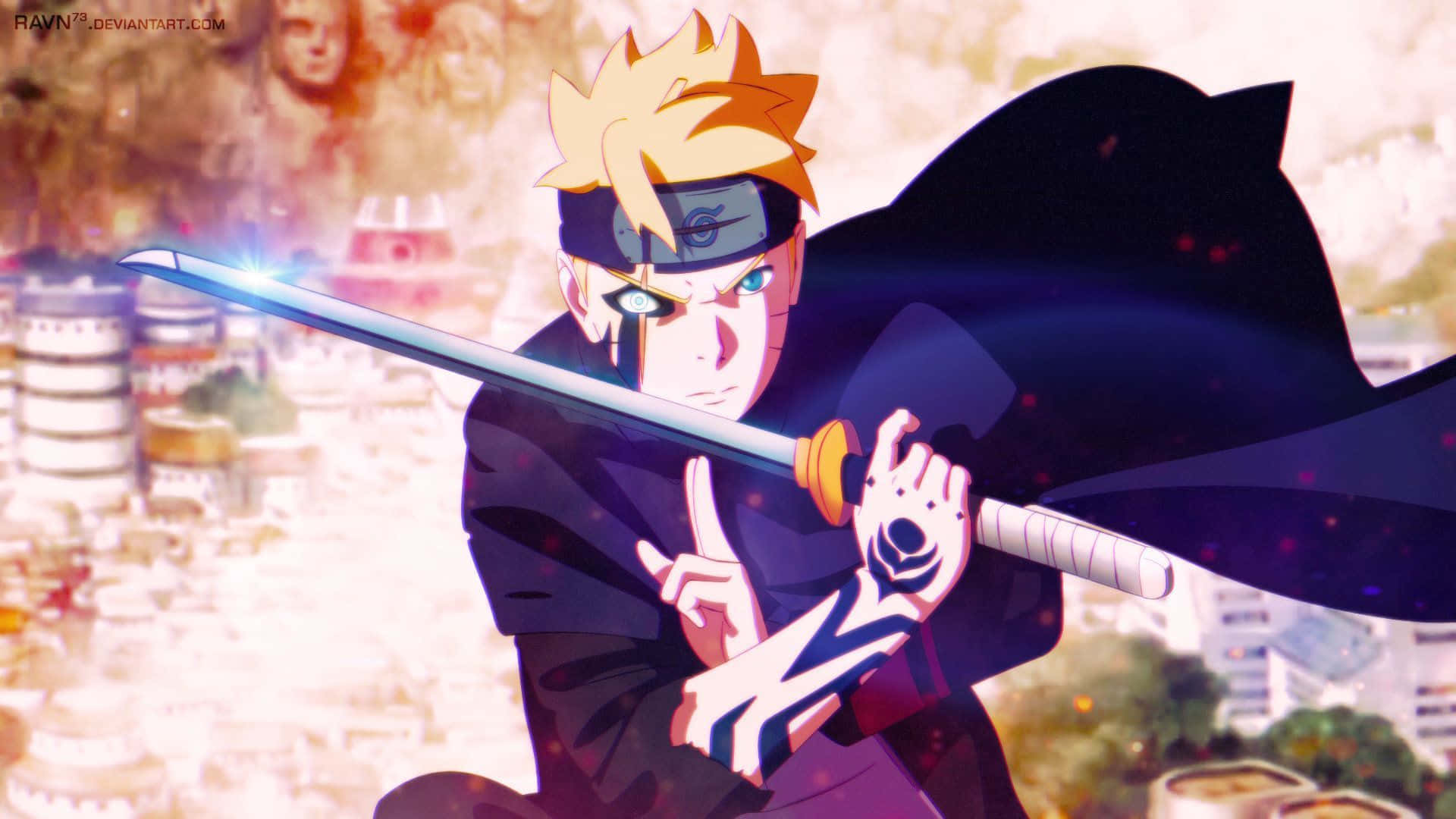 Boruto Naruto Next Generations 桌布 壁紙 — 動畫角色慕留人揮舞著發光的劍，身披黑色斗篷，背景是模糊的城市景觀。