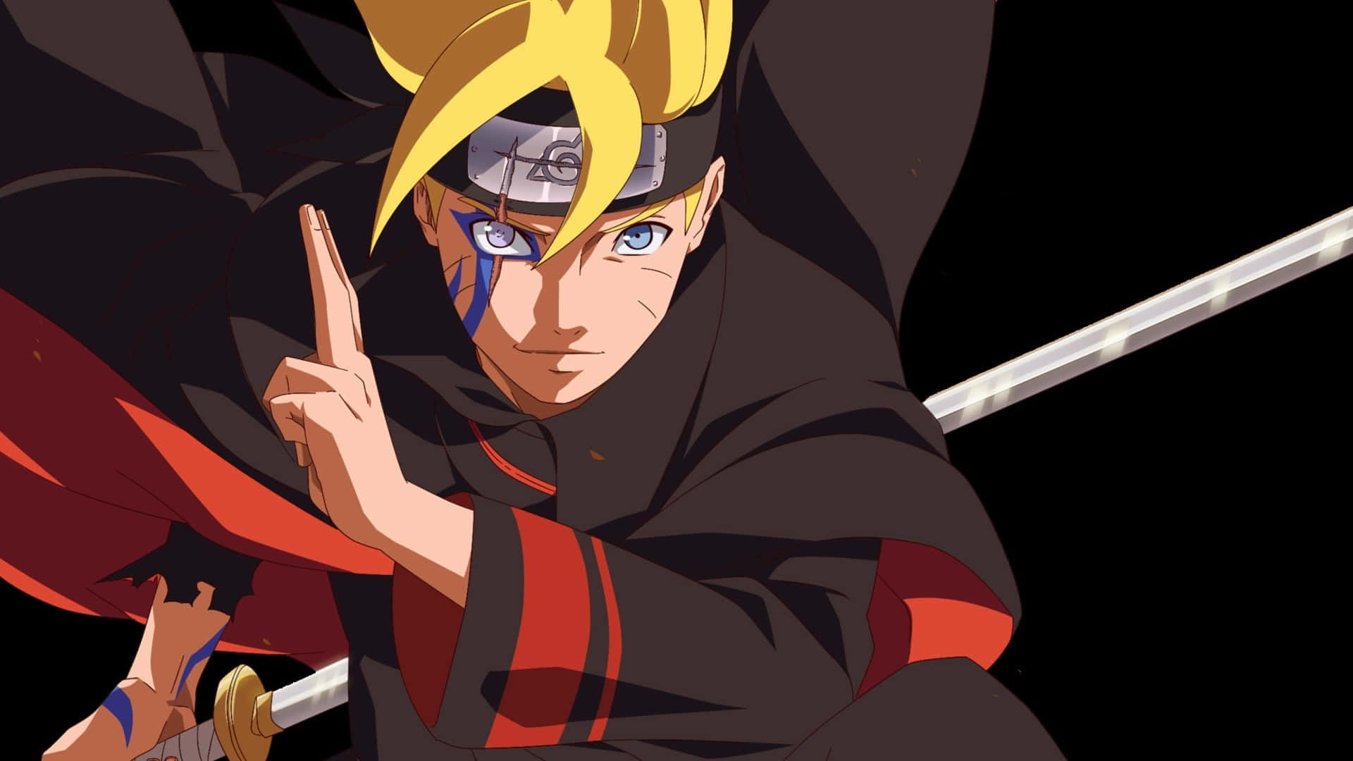Naruto Black 桌布 壁紙 — 動畫角色慕留人穿著帶有紅色點綴的黑色斗篷和藍色眼睛，在黑暗背景下結手印。