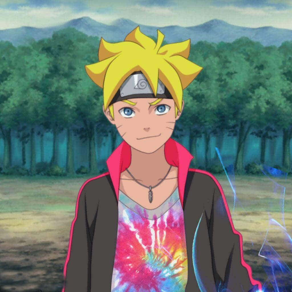 Dope Naruto 桌布 壁紙 — 動畫角色慕留人站在森林空地中，手邊環繞著發光的藍色查克拉效果。